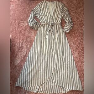 Cream and Navy Striped Maxi Wrap Dress